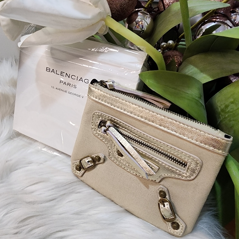 Balenciaga Paris Gold Leather TrimCard Coin Zip Holder New